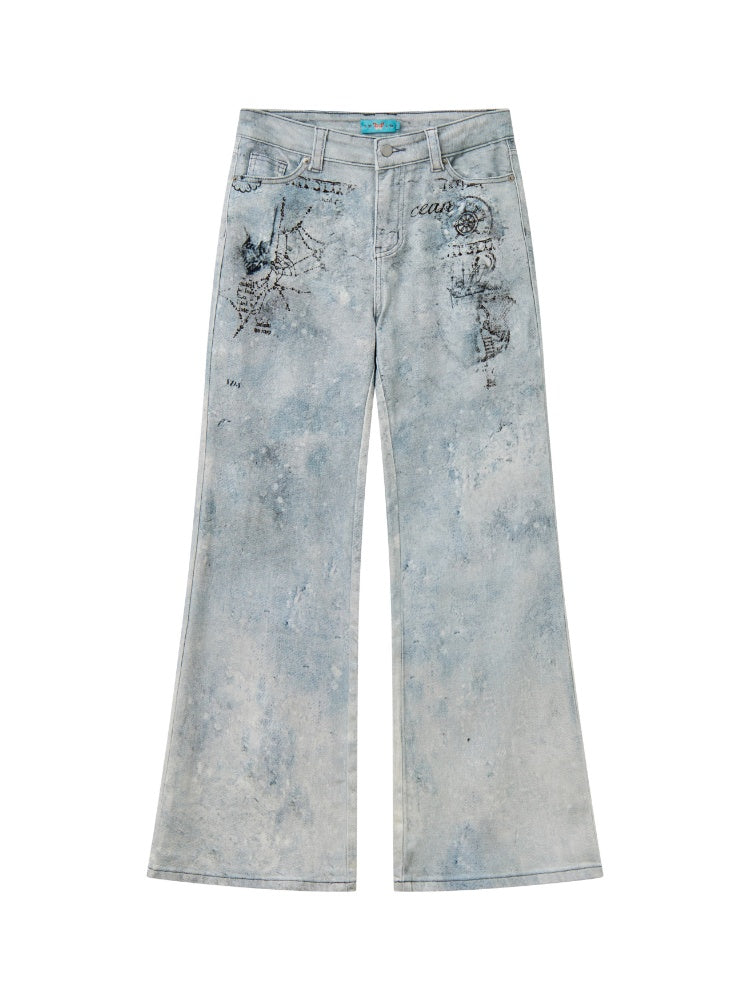"Fog Sea Poetry Line" Full Print Boot Cut Jeans【s0000013812】