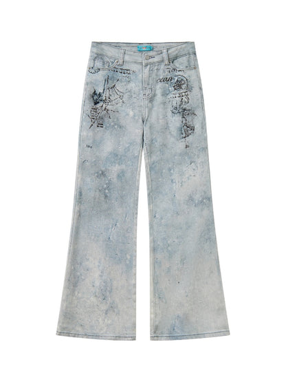 "Fog Sea Poetry Line" Full Print Boot Cut Jeans【s0000013812】