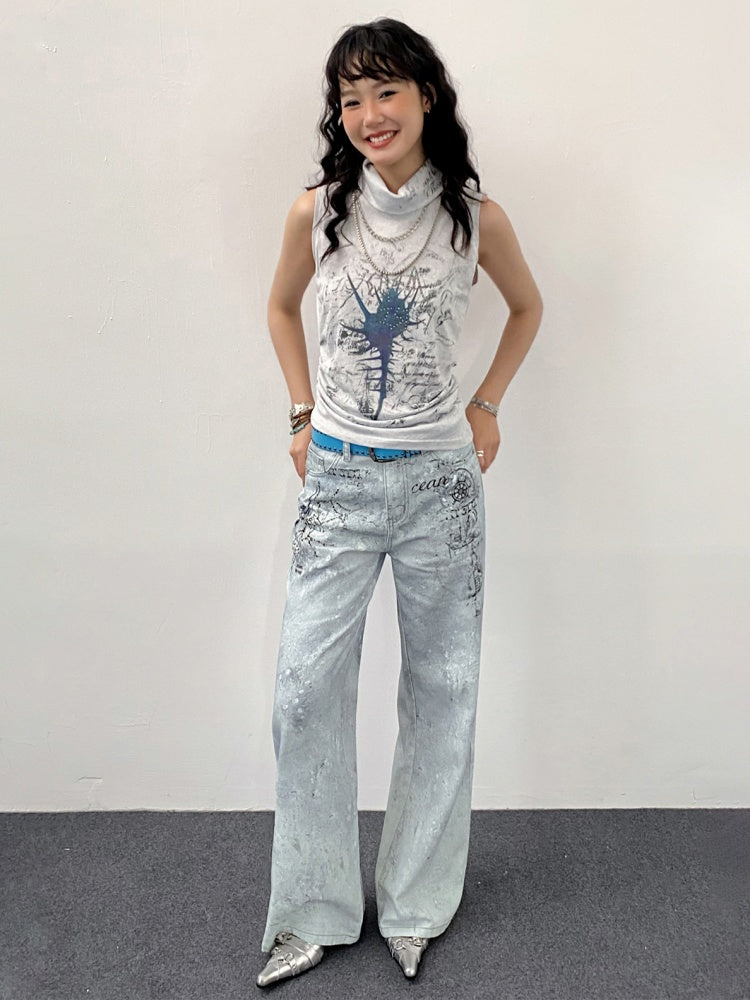 "Fog Sea Poetry Line" Full Print Boot Cut Jeans【s0000013812】