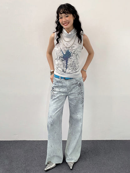 "Fog Sea Poetry Line" Full Print Boot Cut Jeans【s0000013812】