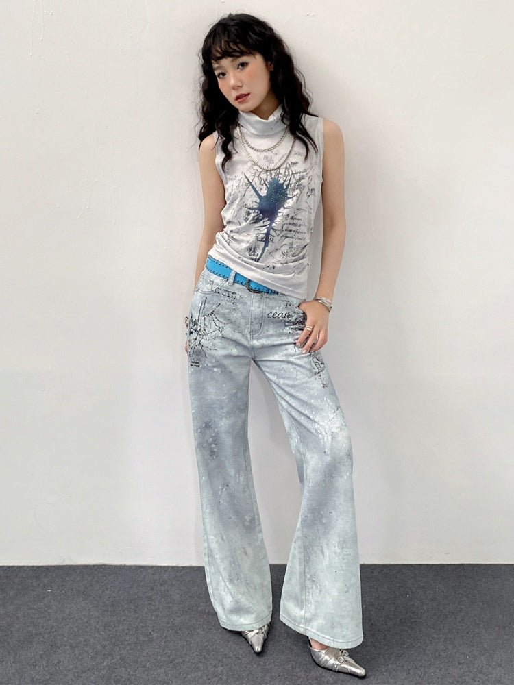 "Fog Sea Poetry Line" Full Print Boot Cut Jeans【s0000013812】