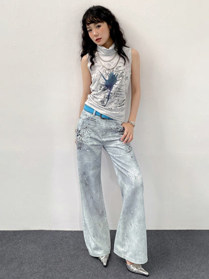 "Fog Sea Poetry Line" Full Print Boot Cut Jeans【s0000013812】