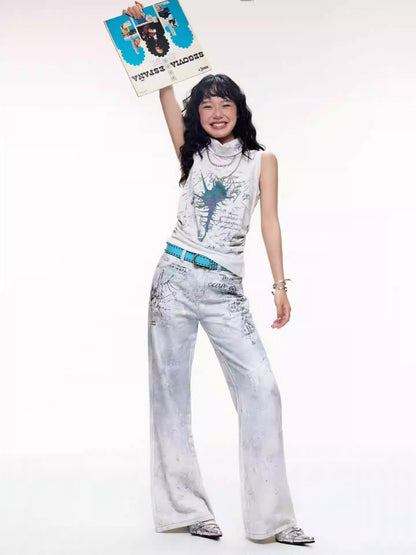"Fog Sea Poetry Line" Full Print Boot Cut Jeans【s0000013812】