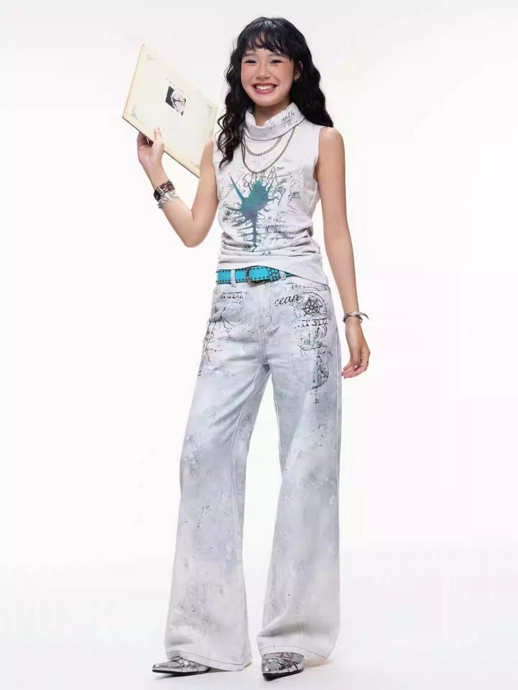 "Fog Sea Poetry Line" Full Print Boot Cut Jeans【s0000013812】