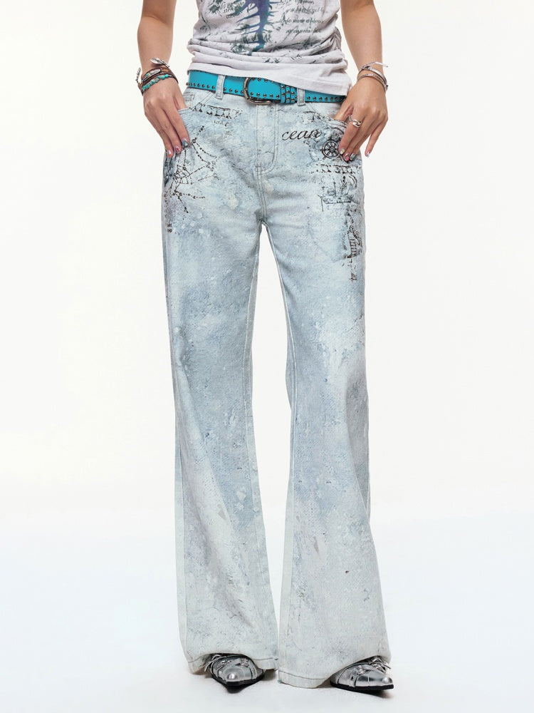 "Fog Sea Poetry Line" Full Print Boot Cut Jeans【s0000013812】