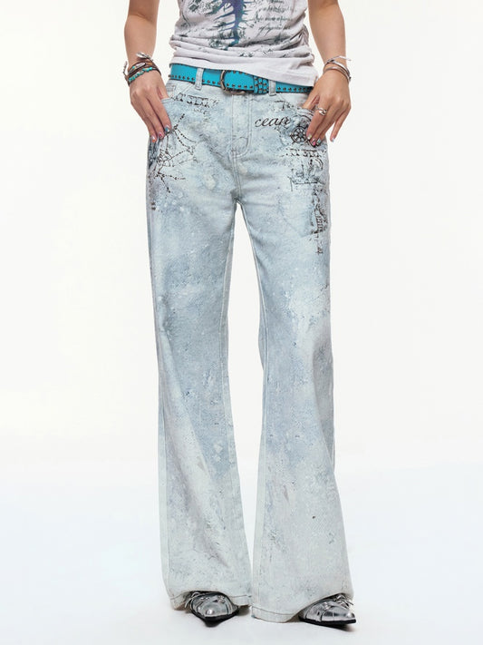 "Fog Sea Poetry Line" Full Print Boot Cut Jeans【s0000013812】