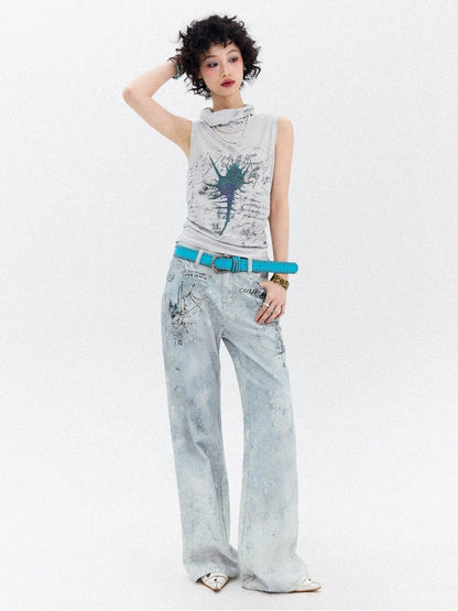 "Fog Sea Poetry Line" Full Print Boot Cut Jeans【s0000013812】