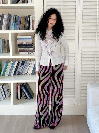 "Wandering Tracks" Retro Lines Fleece Feel Loose Wide Leg Pants【s0000013813】