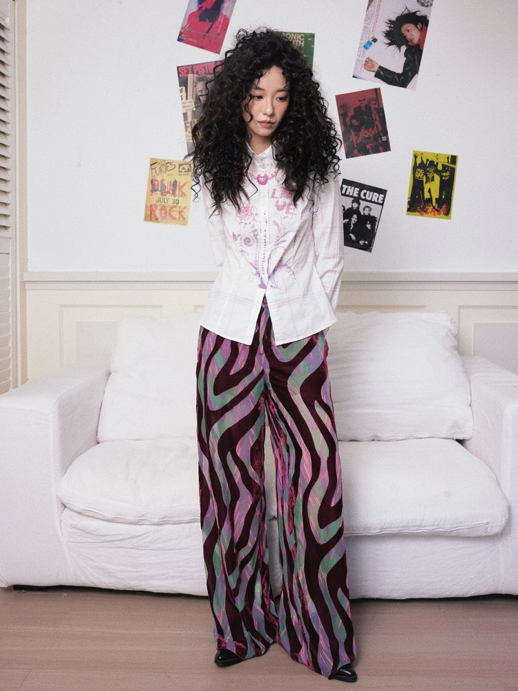 "Wandering Tracks" Retro Lines Fleece Feel Loose Wide Leg Pants【s0000013813】