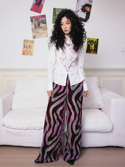 "Wandering Tracks" Retro Lines Fleece Feel Loose Wide Leg Pants【s0000013813】