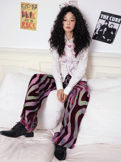 "Wandering Tracks" Retro Lines Fleece Feel Loose Wide Leg Pants【s0000013813】