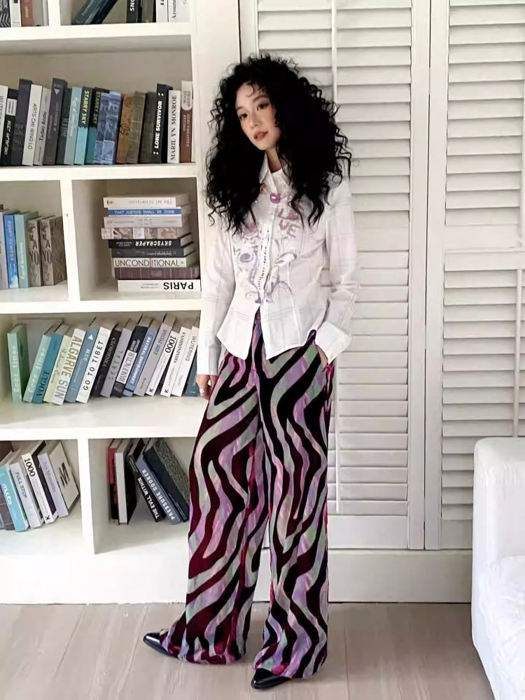 "Wandering Tracks" Retro Lines Fleece Feel Loose Wide Leg Pants【s0000013813】