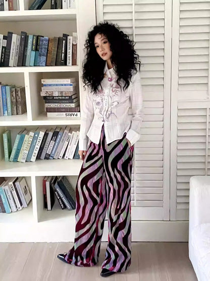 "Wandering Tracks" Retro Lines Fleece Feel Loose Wide Leg Pants【s0000013813】