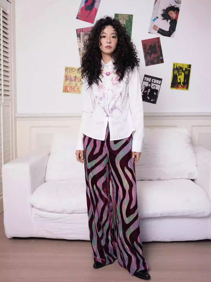 "Wandering Tracks" Retro Lines Fleece Feel Loose Wide Leg Pants【s0000013813】