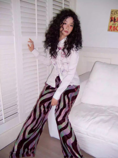 "Wandering Tracks" Retro Lines Fleece Feel Loose Wide Leg Pants【s0000013813】