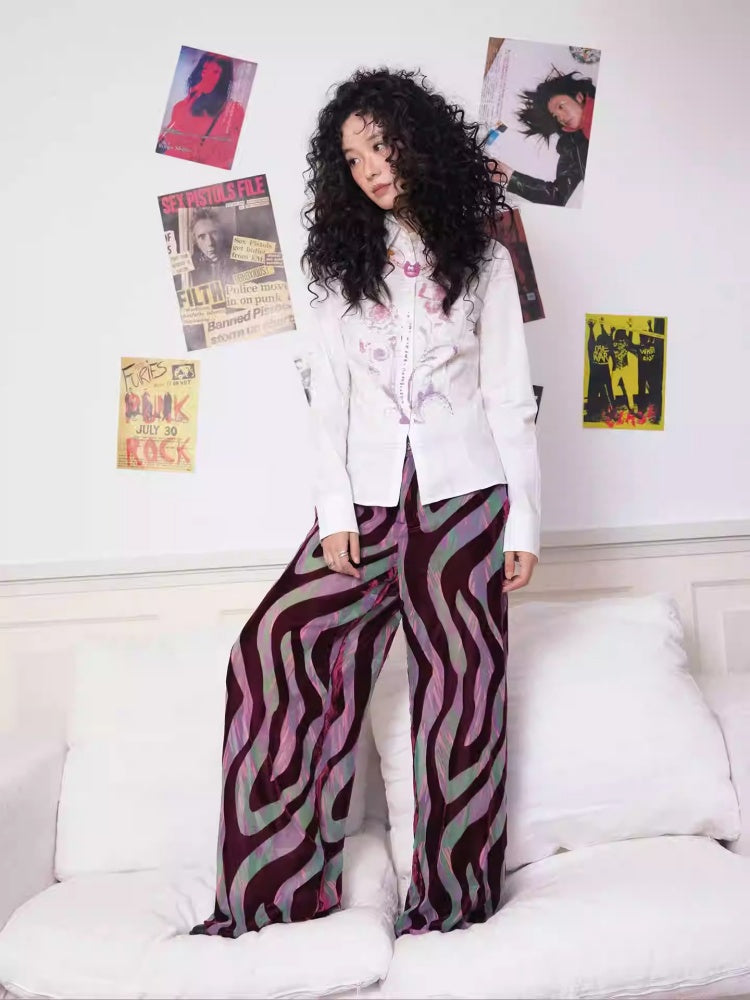 "Wandering Tracks" Retro Lines Fleece Feel Loose Wide Leg Pants【s0000013813】