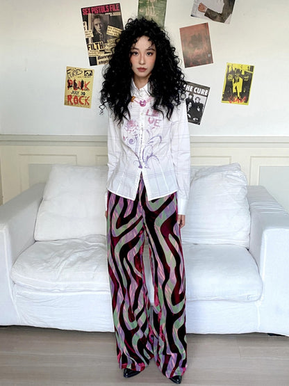 "Wandering Tracks" Retro Lines Fleece Feel Loose Wide Leg Pants【s0000013813】