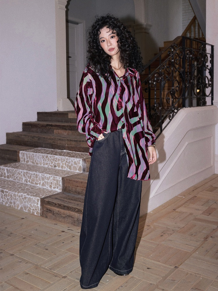 "Shadow Illusion" Retro Line Velvet Design Long Sleeved Shirt【s0000013814】