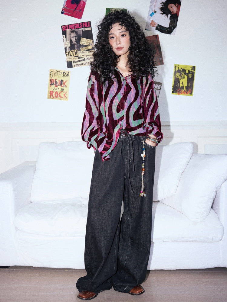 "Shadow Illusion" Retro Line Velvet Design Long Sleeved Shirt【s0000013814】