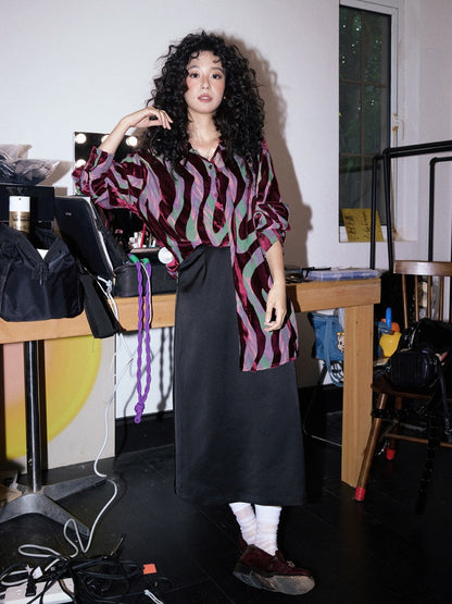 "Shadow Illusion" Retro Line Velvet Design Long Sleeved Shirt【s0000013814】