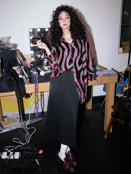 "Shadow Illusion" Retro Line Velvet Design Long Sleeved Shirt【s0000013814】
