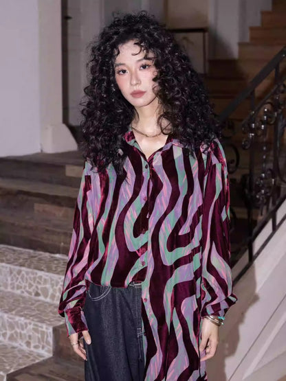 "Shadow Illusion" Retro Line Velvet Design Long Sleeved Shirt【s0000013814】