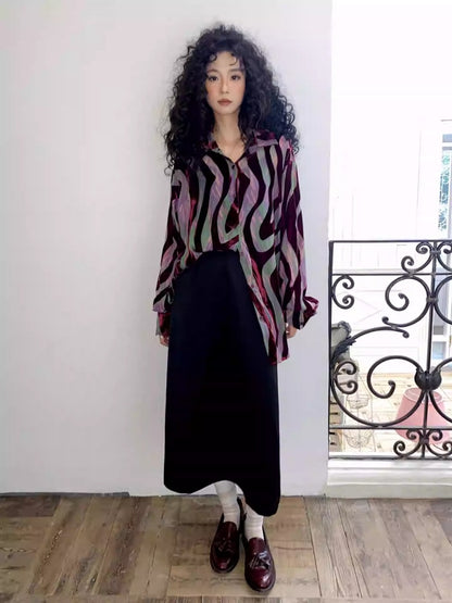 "Shadow Illusion" Retro Line Velvet Design Long Sleeved Shirt【s0000013814】