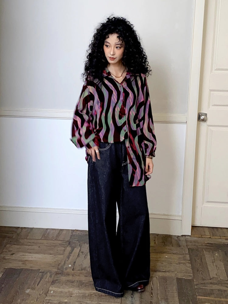 "Shadow Illusion" Retro Line Velvet Design Long Sleeved Shirt【s0000013814】