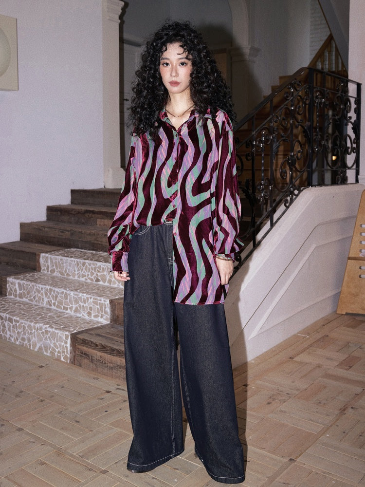 "Shadow Illusion" Retro Line Velvet Design Long Sleeved Shirt【s0000013814】