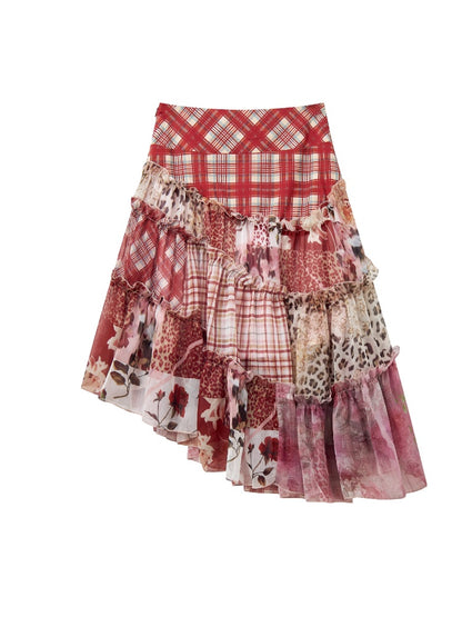 "Fantasia" Irregular Stitching Plaid Print Casual Cake Skirt【s0000013815】