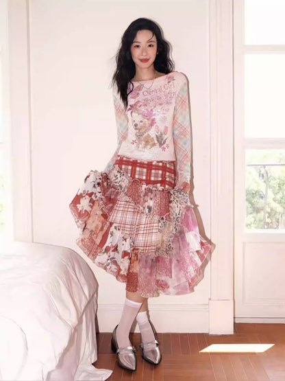 "Fantasia" Irregular Stitching Plaid Print Casual Cake Skirt【s0000013815】