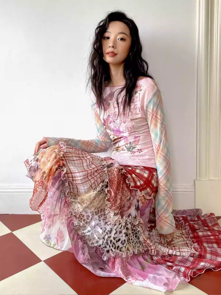 "Fantasia" Irregular Stitching Plaid Print Casual Cake Skirt【s0000013815】