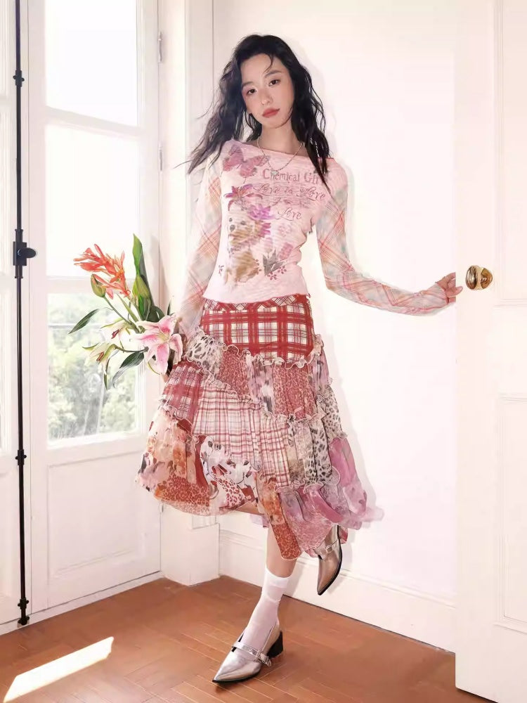 "Fantasia" Irregular Stitching Plaid Print Casual Cake Skirt【s0000013815】