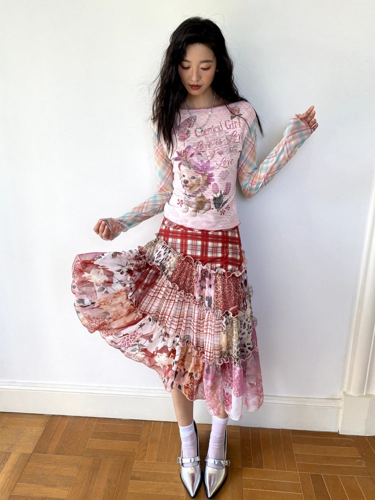 "Fantasia" Irregular Stitching Plaid Print Casual Cake Skirt【s0000013815】