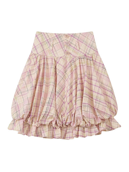 "Shiko Garden" Multi Layer Plaid Casual Flower Bud Skirt【s0000013816】