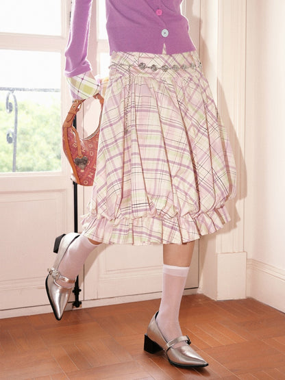 "Shiko Garden" Multi Layer Plaid Casual Flower Bud Skirt【s0000013816】