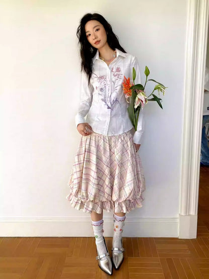 "Shiko Garden" Multi Layer Plaid Casual Flower Bud Skirt【s0000013816】