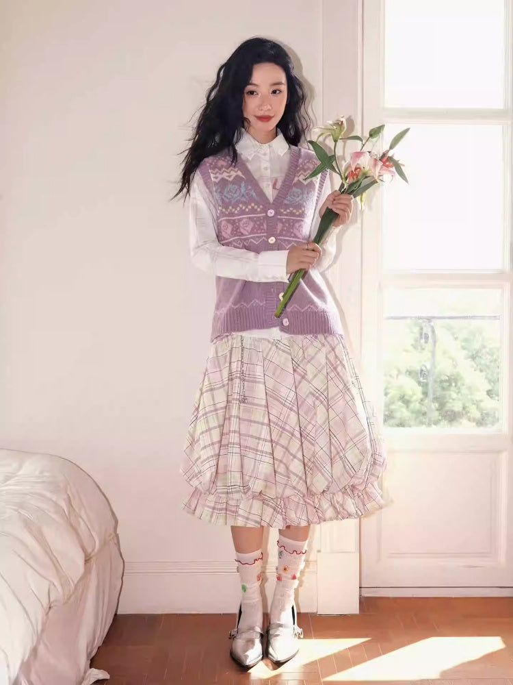 "Shiko Garden" Multi Layer Plaid Casual Flower Bud Skirt【s0000013816】