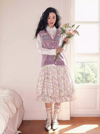 "Shiko Garden" Multi Layer Plaid Casual Flower Bud Skirt【s0000013816】