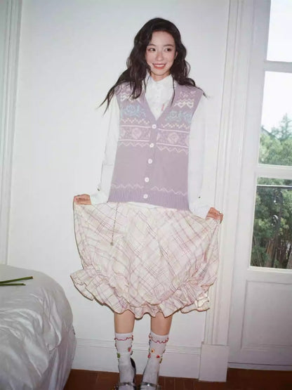 "Shiko Garden" Multi Layer Plaid Casual Flower Bud Skirt【s0000013816】