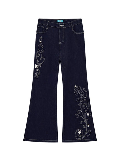 "Star Vine Weaving Dream" Embroidered Low Waisted Retro Bell Bottoms Jeans【s0000013817】