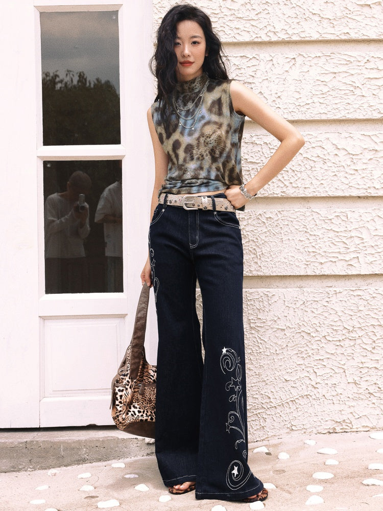 "Star Vine Weaving Dream" Embroidered Low Waisted Retro Bell Bottoms Jeans【s0000013817】