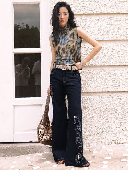 "Star Vine Weaving Dream" Embroidered Low Waisted Retro Bell Bottoms Jeans【s0000013817】