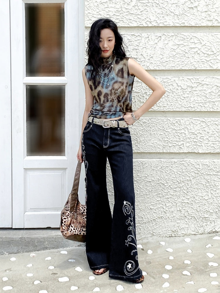 "Star Vine Weaving Dream" Embroidered Low Waisted Retro Bell Bottoms Jeans【s0000013817】