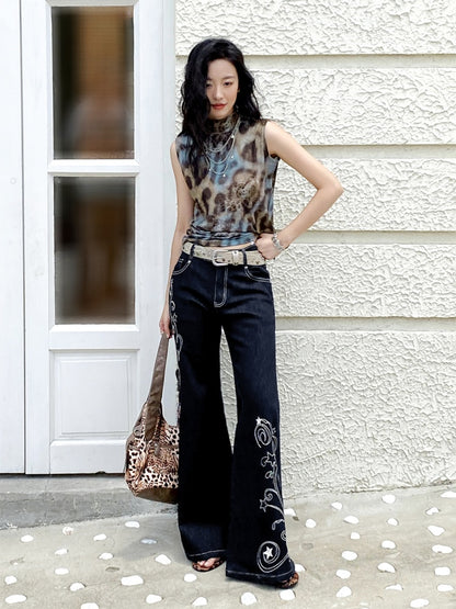 "Star Vine Weaving Dream" Embroidered Low Waisted Retro Bell Bottoms Jeans【s0000013817】