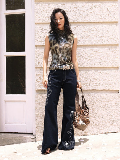"Star Vine Weaving Dream" Embroidered Low Waisted Retro Bell Bottoms Jeans【s0000013817】