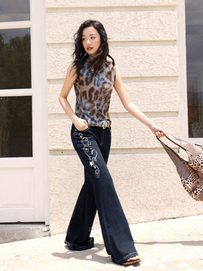 "Star Vine Weaving Dream" Embroidered Low Waisted Retro Bell Bottoms Jeans【s0000013817】