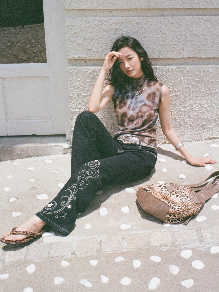 "Star Vine Weaving Dream" Embroidered Low Waisted Retro Bell Bottoms Jeans【s0000013817】
