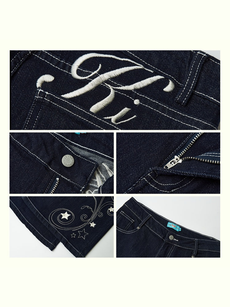 "Star Vine Weaving Dream" Embroidered Low Waisted Retro Bell Bottoms Jeans【s0000013817】