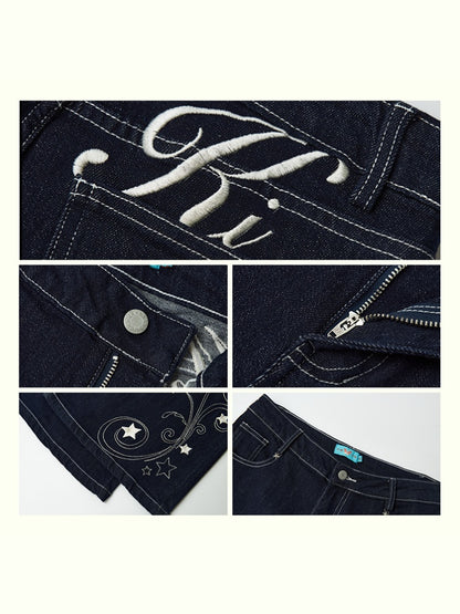 "Star Vine Weaving Dream" Embroidered Low Waisted Retro Bell Bottoms Jeans【s0000013817】